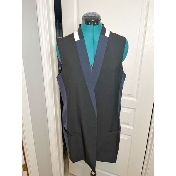 Elevenses Open Front Color Block Sleeveless Tailored Lined Pocket Tuxedo Vest - Picture 7 of 13